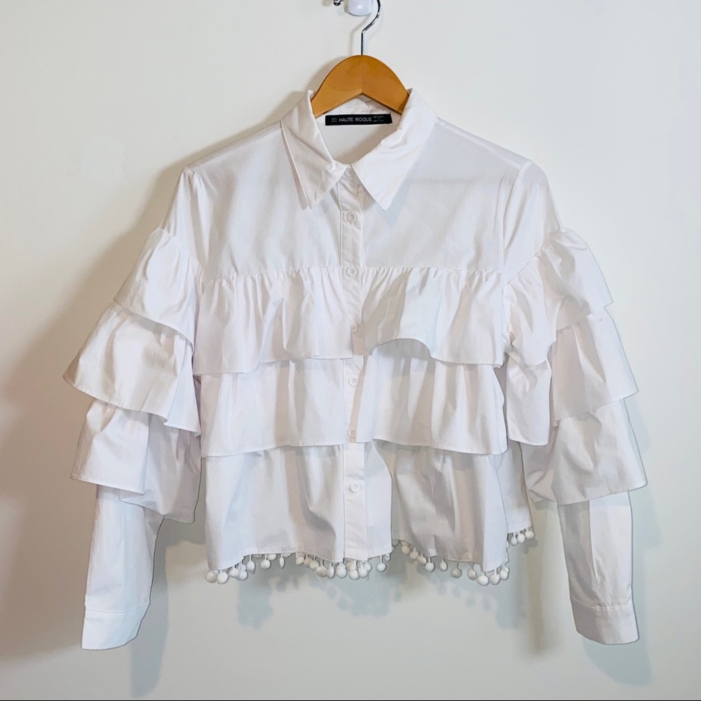 White Button Down Tiered Ruffle Collared Top By H… - image 1